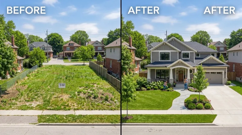Comparação entre lote vazio e casa construída no mesmo bairro